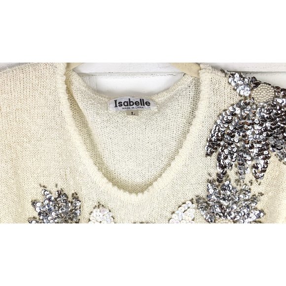 Vintage slouchy short sleeve silver sequin applique pullover sweater top - Picture 4 of 6